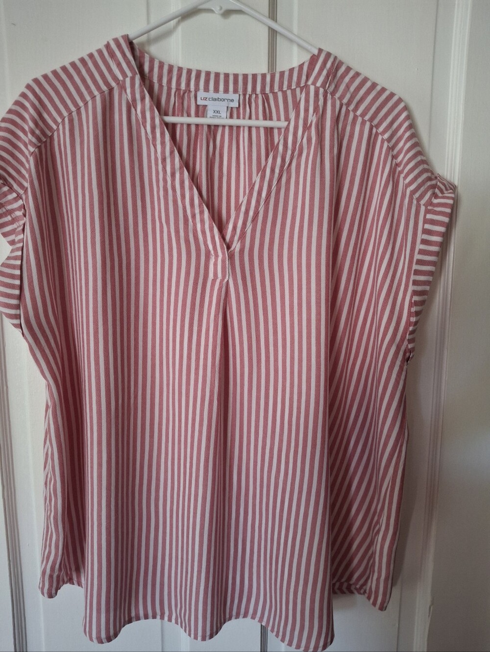 Liz Claiborne Rose Pink & White Vertical Stripe V-Neck Blouse XXL